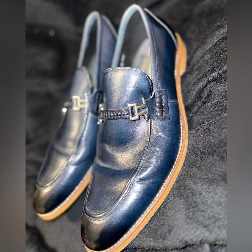 Stacy Adams Blue and Brown Leather Slip-On Loafers with Horsebit Detail
